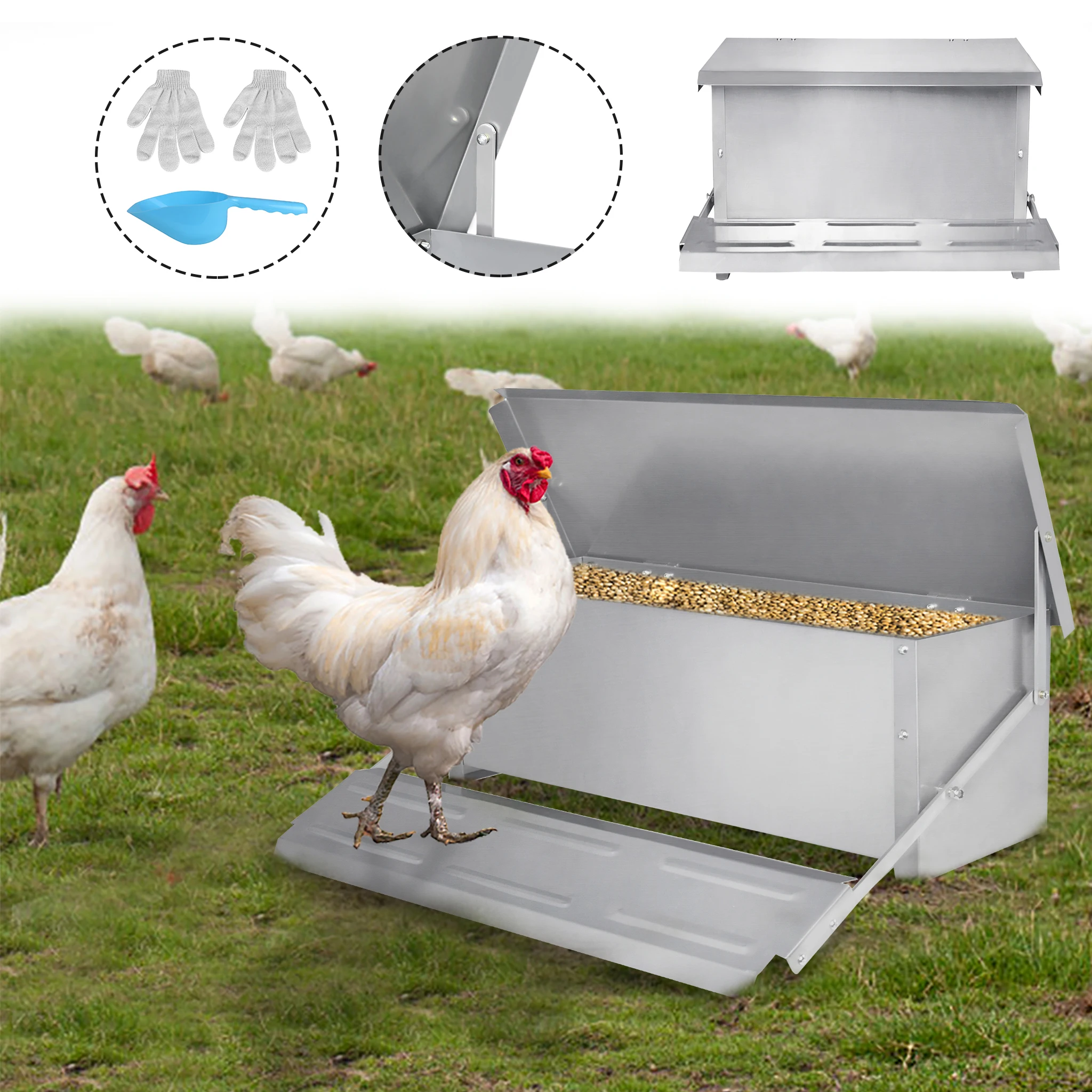 Comedero automático para pollos de 10 kg, operado con pedal, de acero galvanizado, resistente a la lluvia, evita que roedores y aves silvestres roben el alimento en granjas de patio trasero.