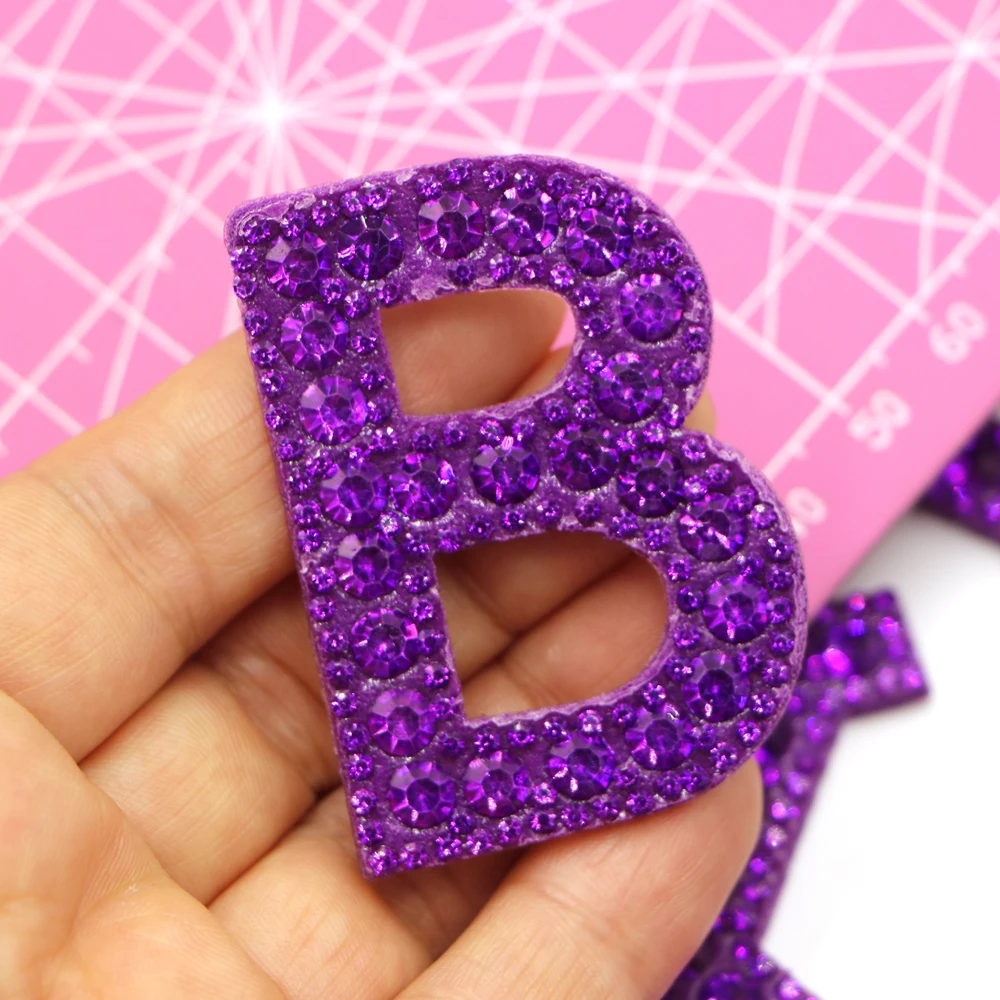 1PC Purple A-Z  Iron-on Colorful 3D Rhinestone English letter Patches for Clothes Embroidery Appliques Clothing Name Diy Badges