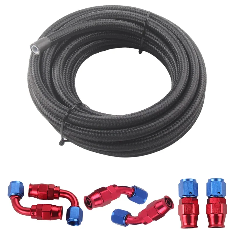 

6/8/10AN - AN6/8/10 Black Nylon Braided E85 PTFE Fuel Line 10ft 6 Fittings Hose Kit Gas Cooler Hose Braided Inside CPE Rubber