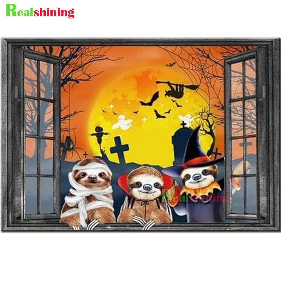 5D DIY Diamond Painting Halloween Sloth,Chihuahua,Dachshund Dogs,Window Scenery Resin Diamond Embroidery Mosaic Full Drill F9