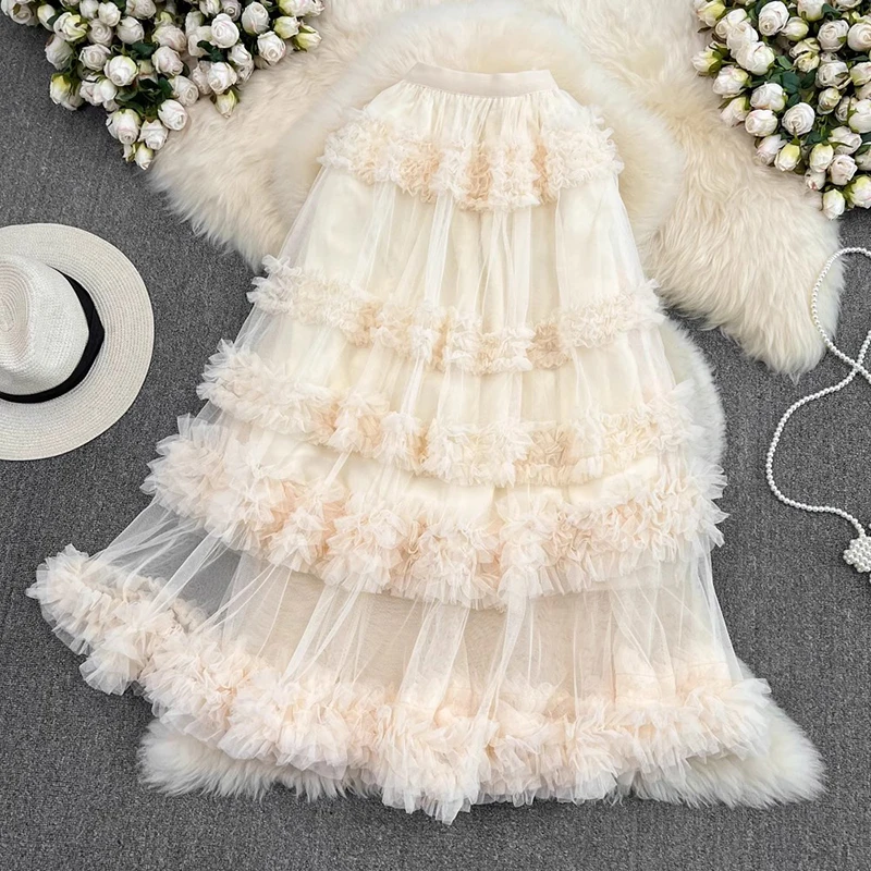 Saia longa de tule para mulheres 2025 novo verão coreano doce irregular cintura alta saias de malha feminina saias de bolo de fadas rosa roxo