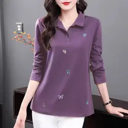 Long Sleeved T-shirt for Women Spring Autumn Collection Trend Ystylish. Mom's Lapel Polo Shirt Oversized Loose Top Base Shirt
