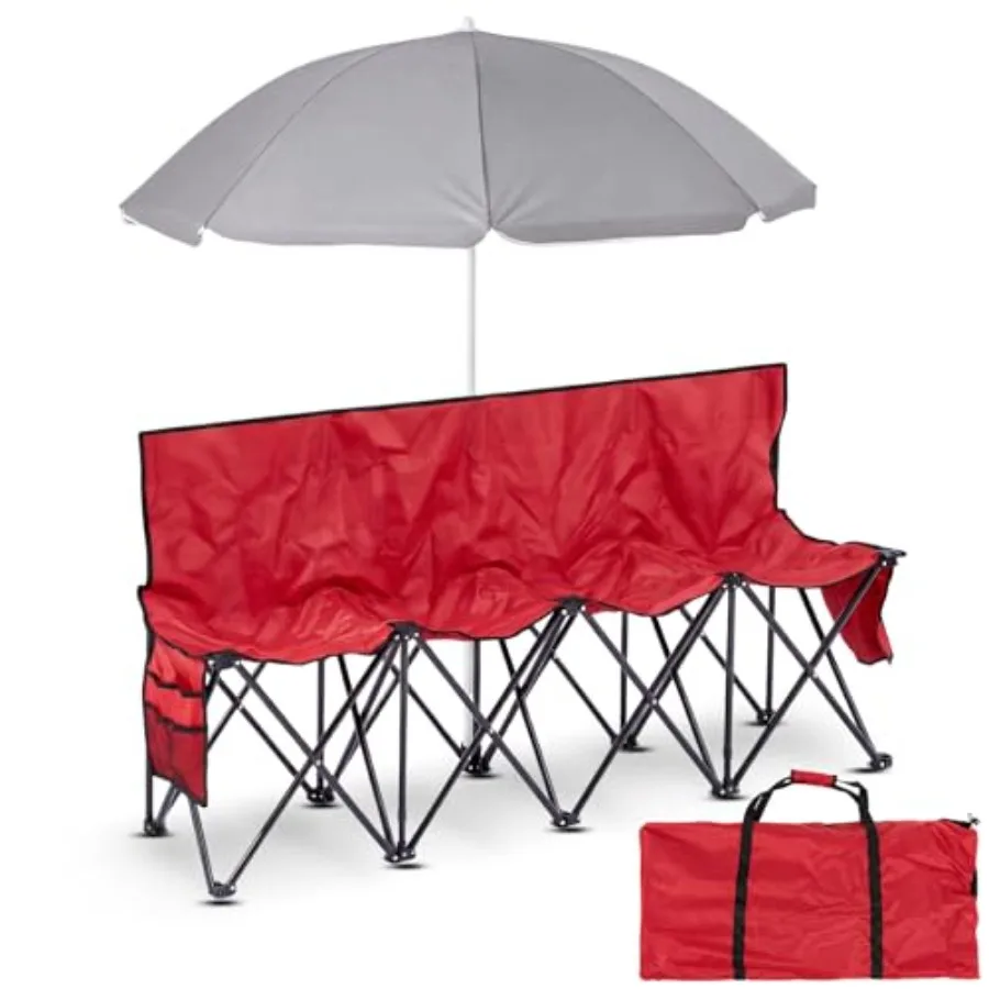 

4 Seat Folding Soccer Bench for sideline use, red polyester fabric, lightweight aluminum frame, includes umbrella and carry bag