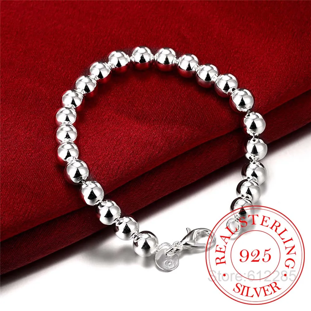 925 Sterling Silver Bead Ball Charm Bracelet 4mm 6mm 8mm 10mm Bracelet for Women Fine Jewelry for Banquet Wedding Anniversary