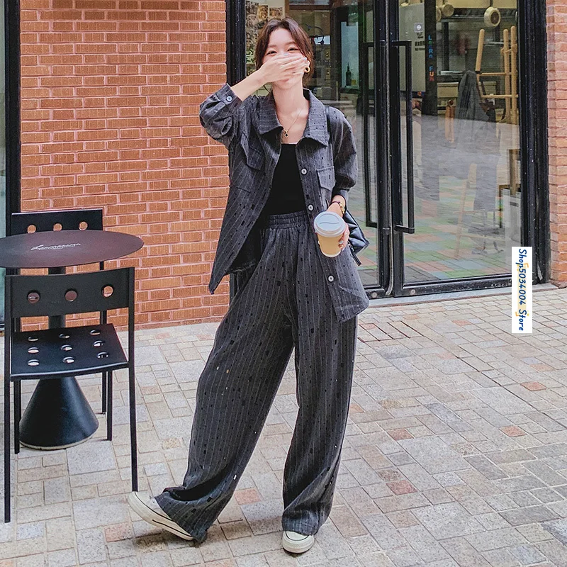 

Gray Stripe Hole Two Piece Sets Womens Outifits 2024 Autumn Trendy Streetwear Loose Shirt Coat Wide Leg Pants Suits Female Q783