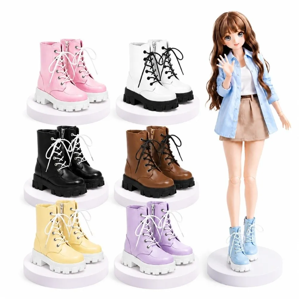 1 Pair 1/6 Scale BJD Doll Shoes Lace Up Side Zipper Knee-High Boots Chunky Treaded Sole Synthetic Leather Doll Lace Up Boots