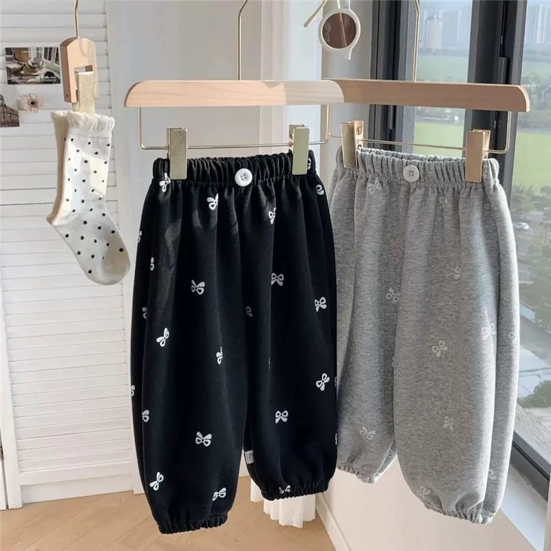 New Girls Knotbow Print Pants Spring Autumn Versatile Sweatpants Kids Casual Long Pants Baby Wide-leg Trousers Children Clothes