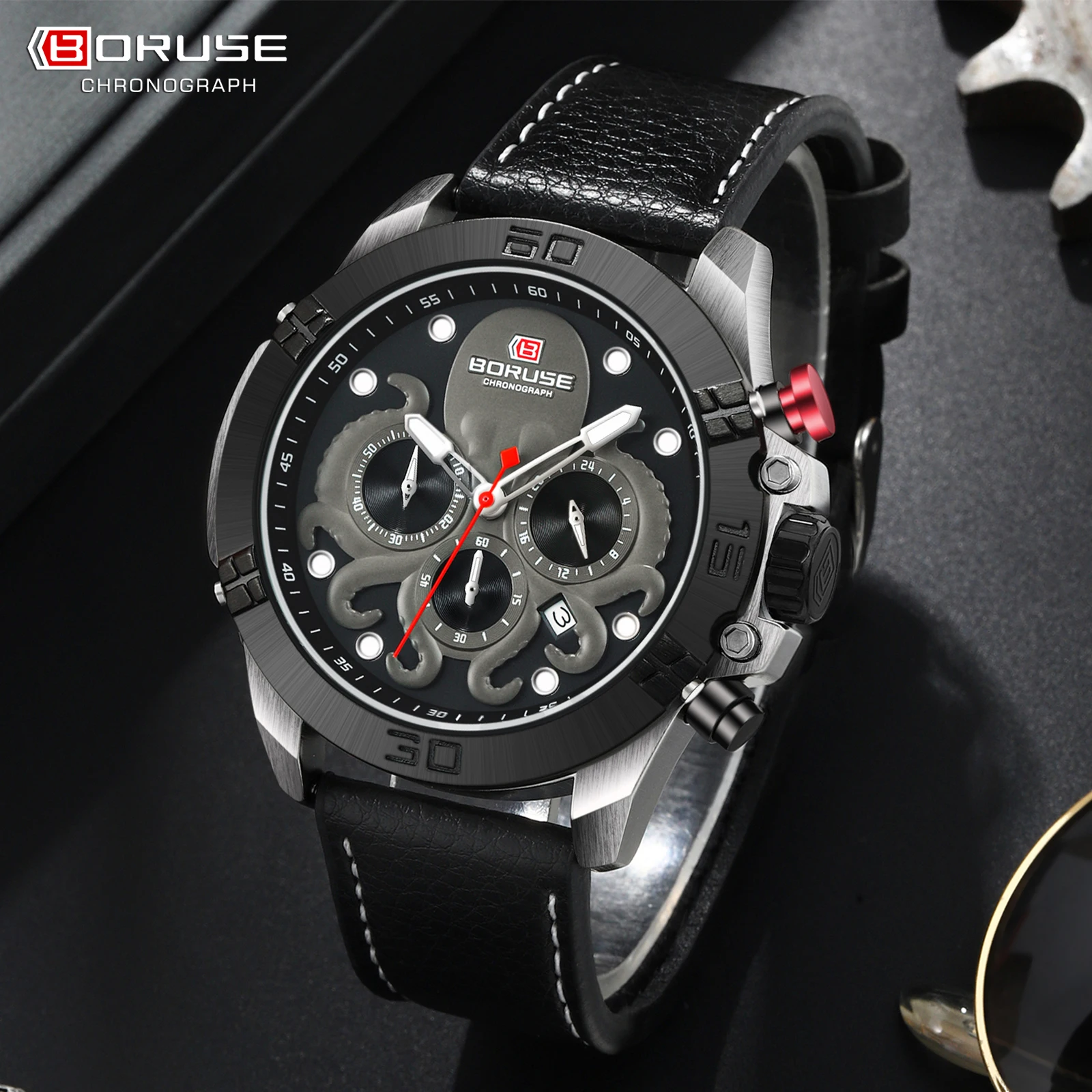 BORUSE Quartz Watches Men Waterproof Date Week Luminous Wristwatch Men's Leather Watches Male Sports Clock