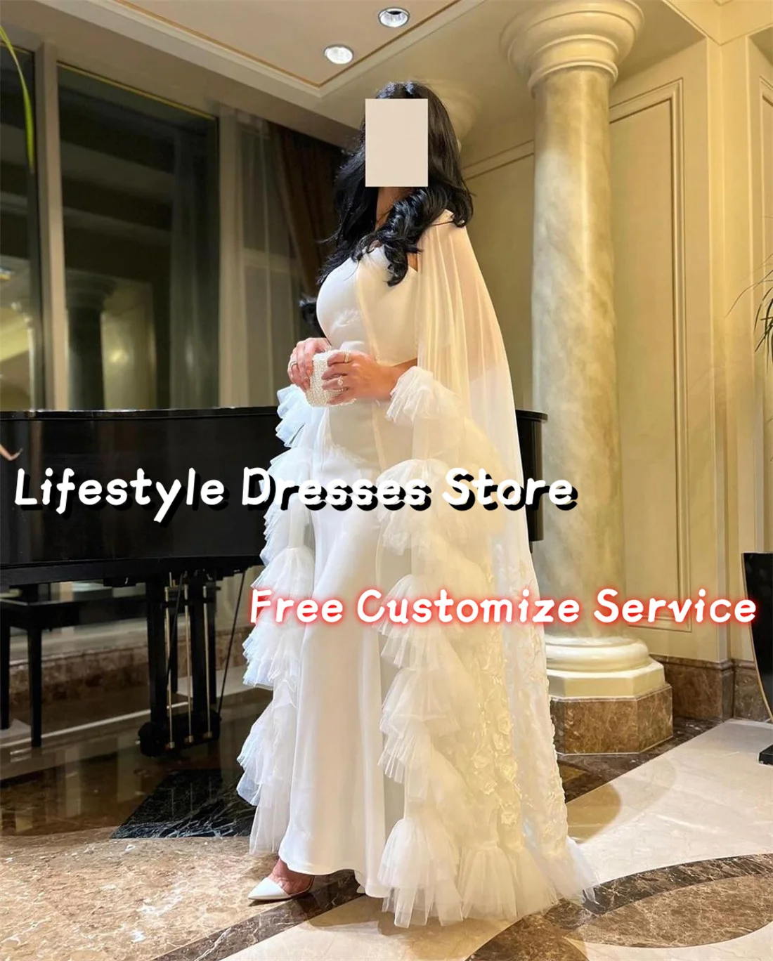 Customized Elegant Evening Dresses for Women Square Collar Floral Applique Wedding Party Gowns Tiered Sleeves Prom Dresses