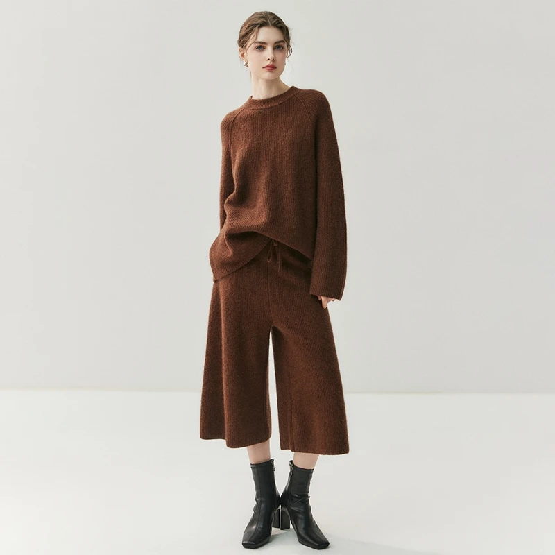 

Женский пуловер из 100% кашемира, топ с круглым вырезом, трикотажные укороченные брюки со шляпой, повседневный свободный костюм, модный корейский стиль