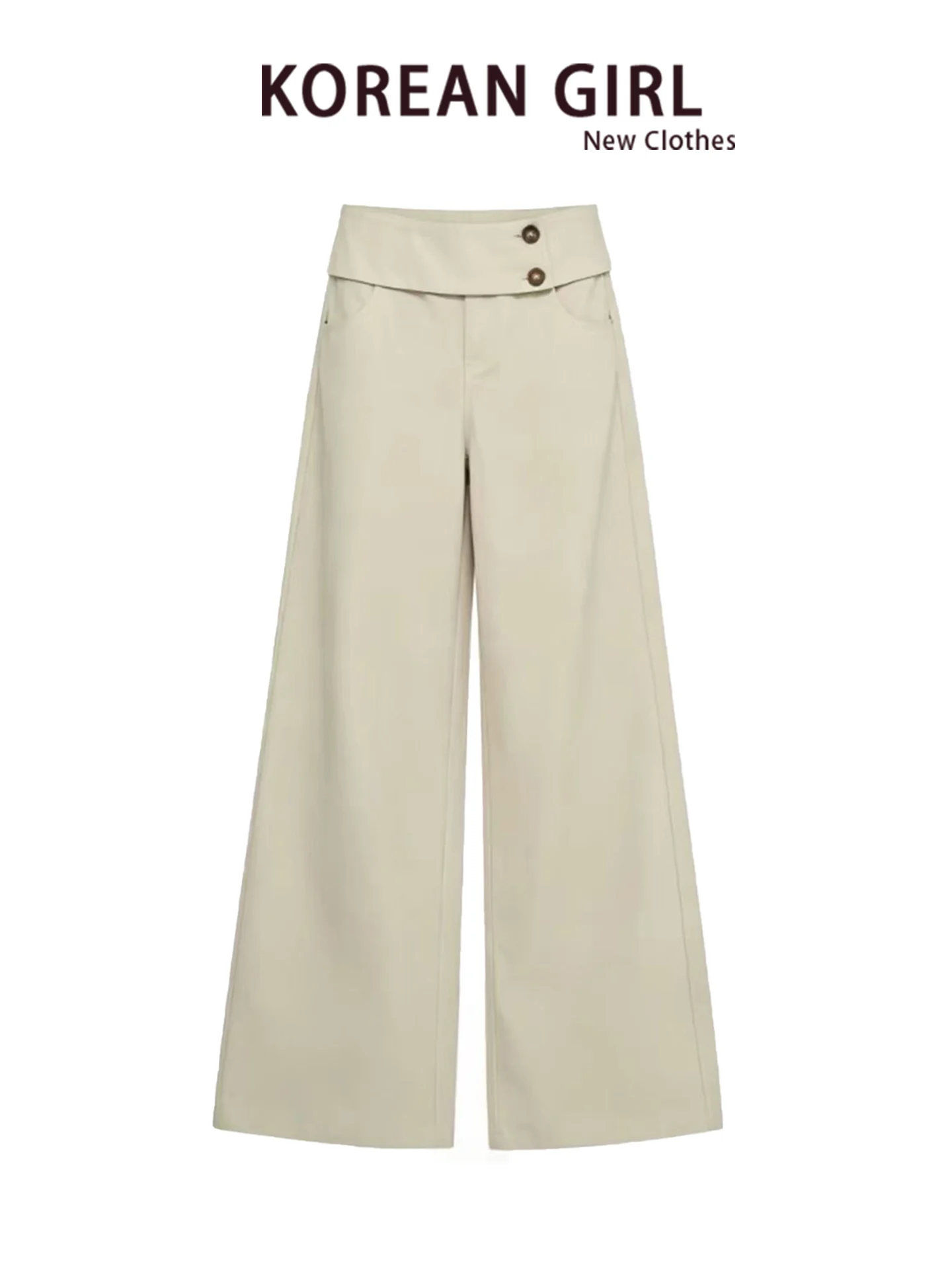 Retro Khaki Wide Leg Denim Pants Women's Early Autumn Loose Floor-Length Casual Straight Tube Jeans High Waist Double Buckle