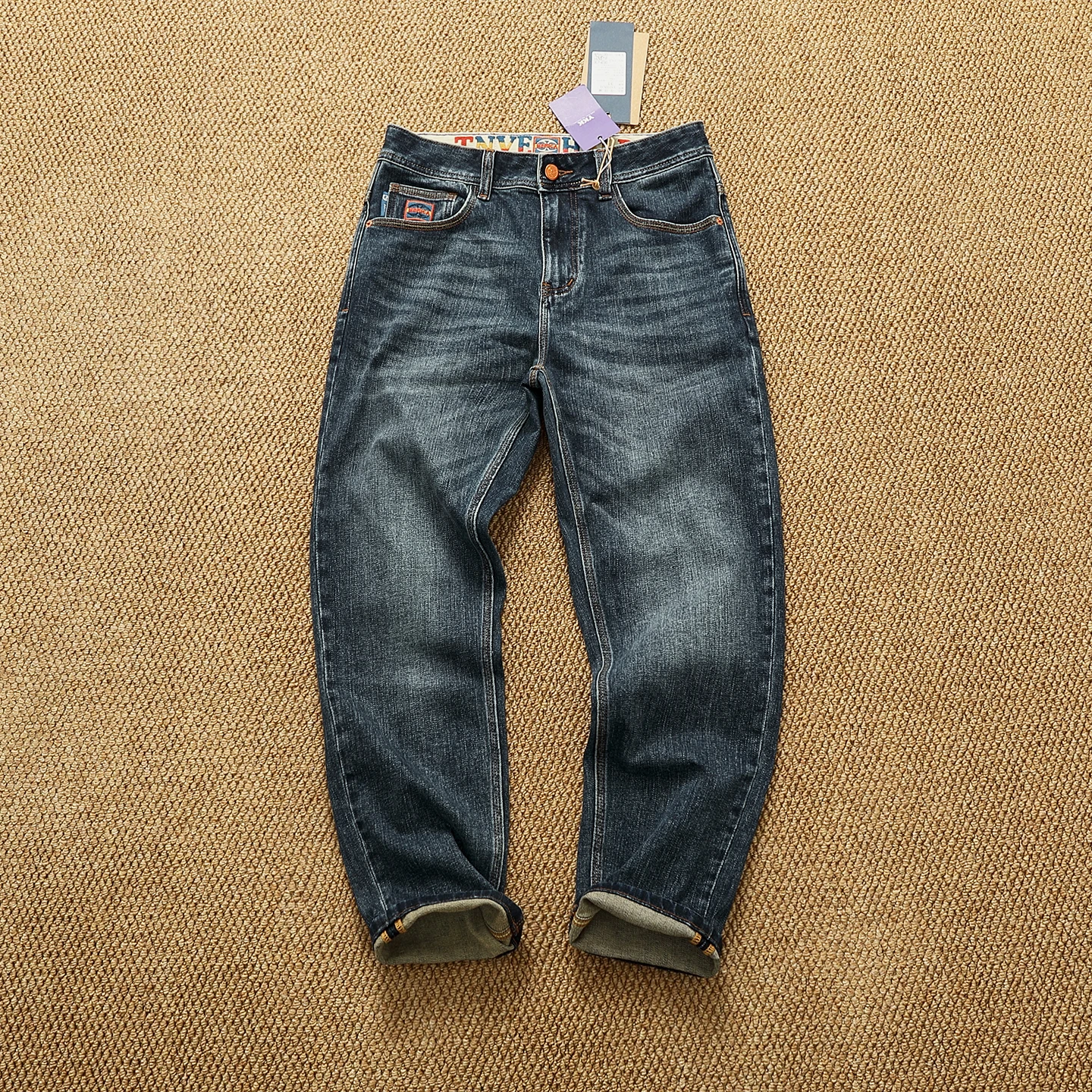 

Heavyweight Stretch Cotton Vintage Jeans for Men - Autumn Winter Slightly Tapered Slim Straight Fit with Whisker Washed Pants