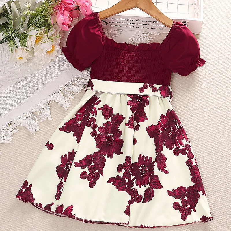 Summer Girl's Long Skirt Polyester Square Collar Suspender Sleeveless Lace Play Smocking A-line Print Dress Pleated Comfortable