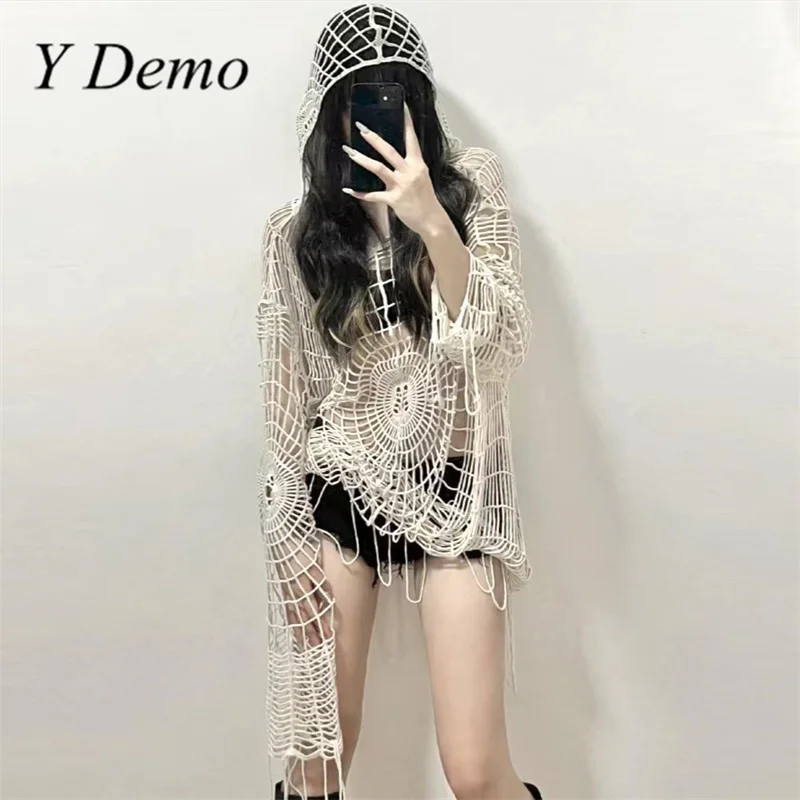 Y Demo Y2k Hollow Out Spider Web Women Hooded Knitted Sweater Loose Grunge Sexy Long Pullover