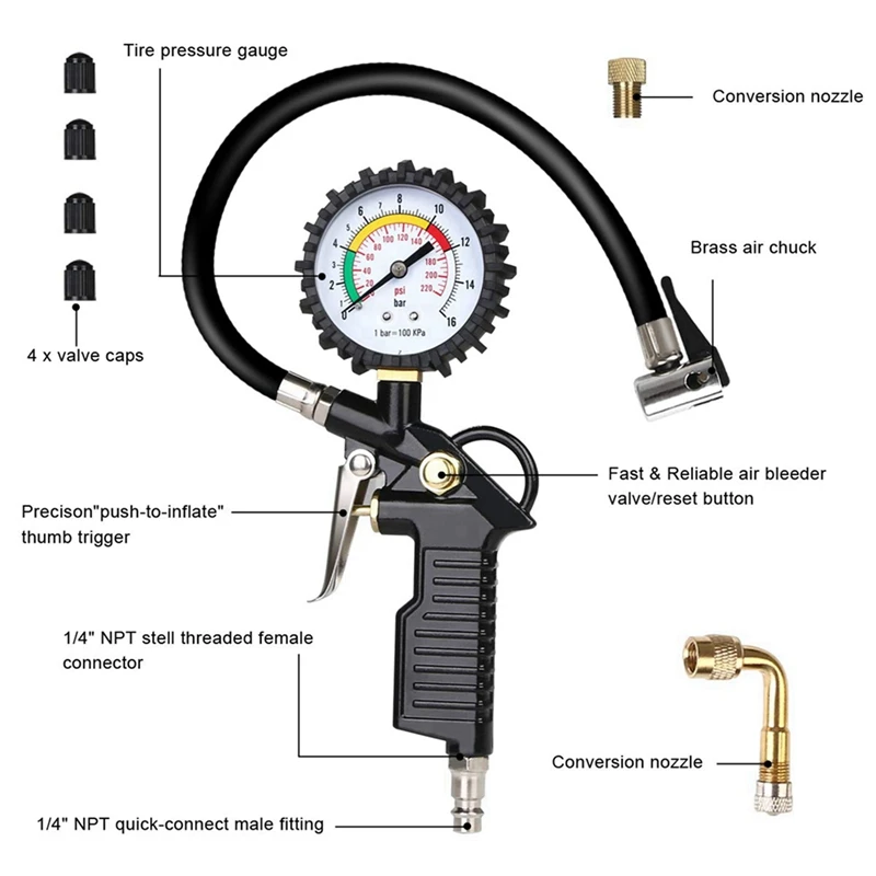 2X Tire Pressure Gauge 220 PSI Tire Inflator With 90 Degree Valve Extender Air Compressor For Car Motorcycle Bike Truck