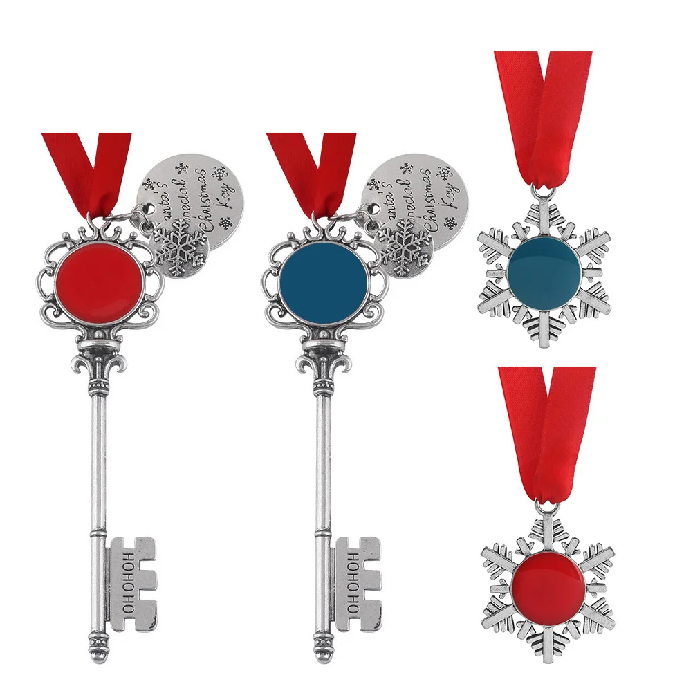 

4Pcs Snowflake Christmas Keychains Ribbon Pendants Blue Red Xmas Tree Hanging Decorations Christmas Gift Keychain Decor