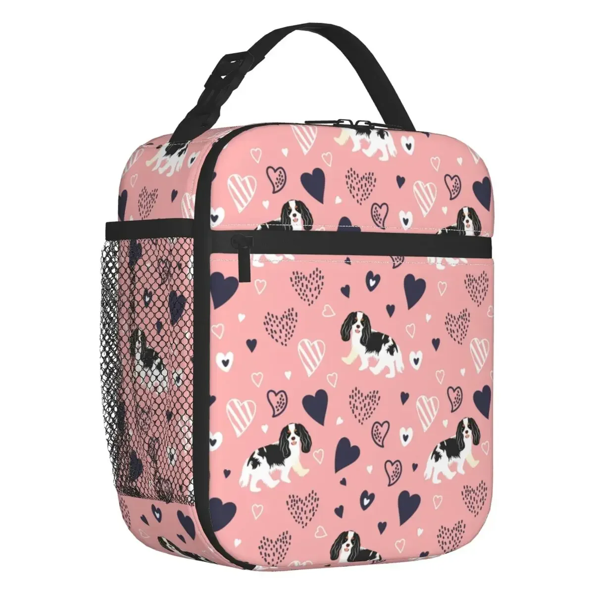 Love Black And White Cavalier King Charles Spaniel Thermal Insulated Lunch Bags Pink Pet Dog Lunch Tote Multifunction Food Box