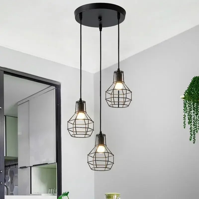 

Retro industrial geometric black LED iron pendant lights indoor lighting corridor restaurant bedromm bedside coffer hanging lamp