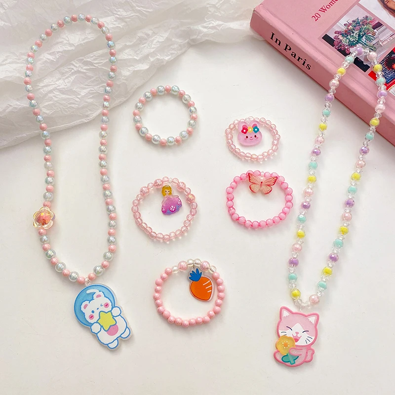 12 Pcs/Set Baby Girl Cute Cartoon Jewelry Imitation Pearl Princess Necklace Bracelet Ring Earring Jewelry Set Gift Box Children