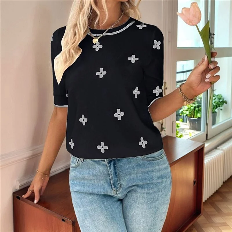 ABRT-Tops de verano para mujer, suéteres de manga corta informales elegantes, Tops de punto con cuello redondo, blusa holgada, camisas básicas