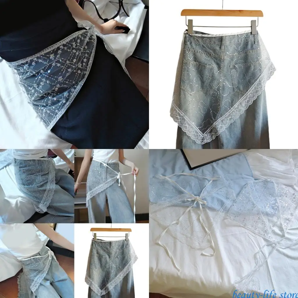 

Mini Wrap Skirt Triangular Sarong Scarf for Women Sequins Lace Mesh Corset Waist Belt Covering Irregular Apron Skirt 517D