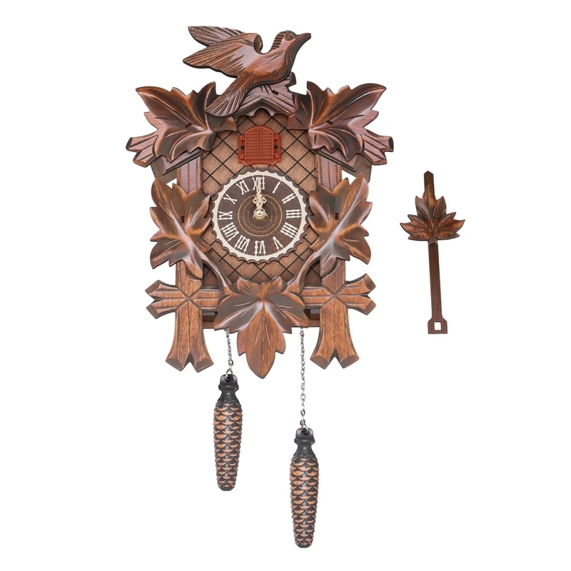 Hand-Carved Cuckoo Clock,With Maple Leave & One Bird Weight And Swinging Pendulum With Night Mode,Carved Wood Decoration