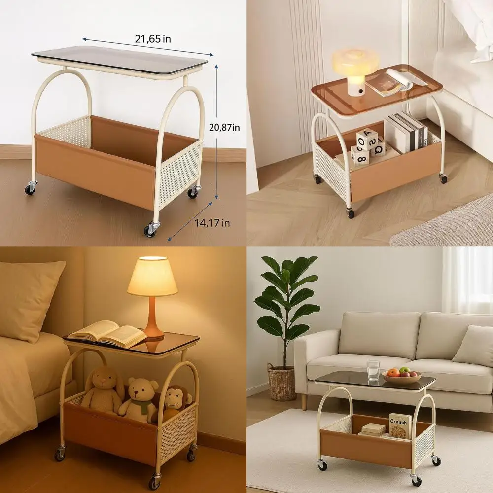 

Мобильный двухуровневый боковой столик со стеклянной столешницей и корзиной для хранения, колесами для домашнего использования коричневого и белого цвета (22 x 14 x 21)