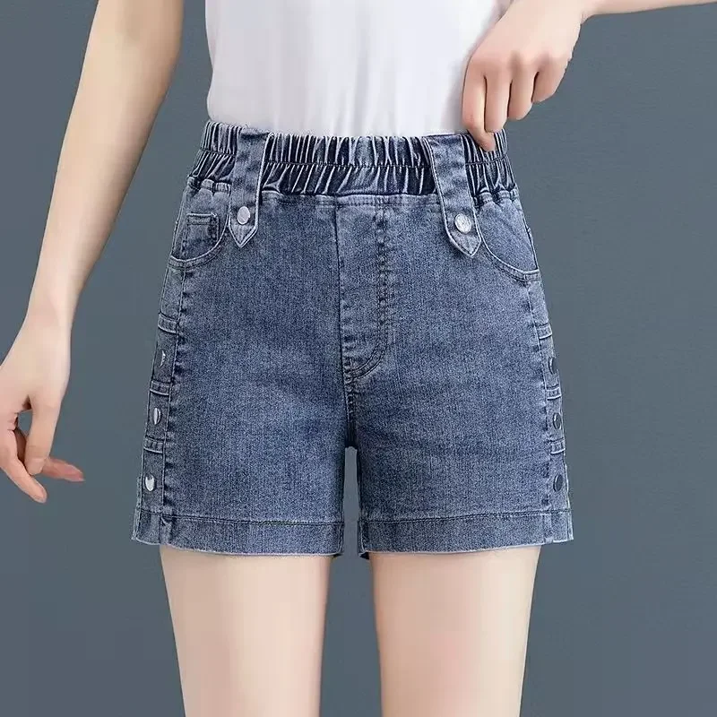 Pantaloncini di jeans elastici a vita alta per le donne in estate Nuovi pantaloni da donna larghi a gamba larga sottili e versatili in vita elastica XT1216