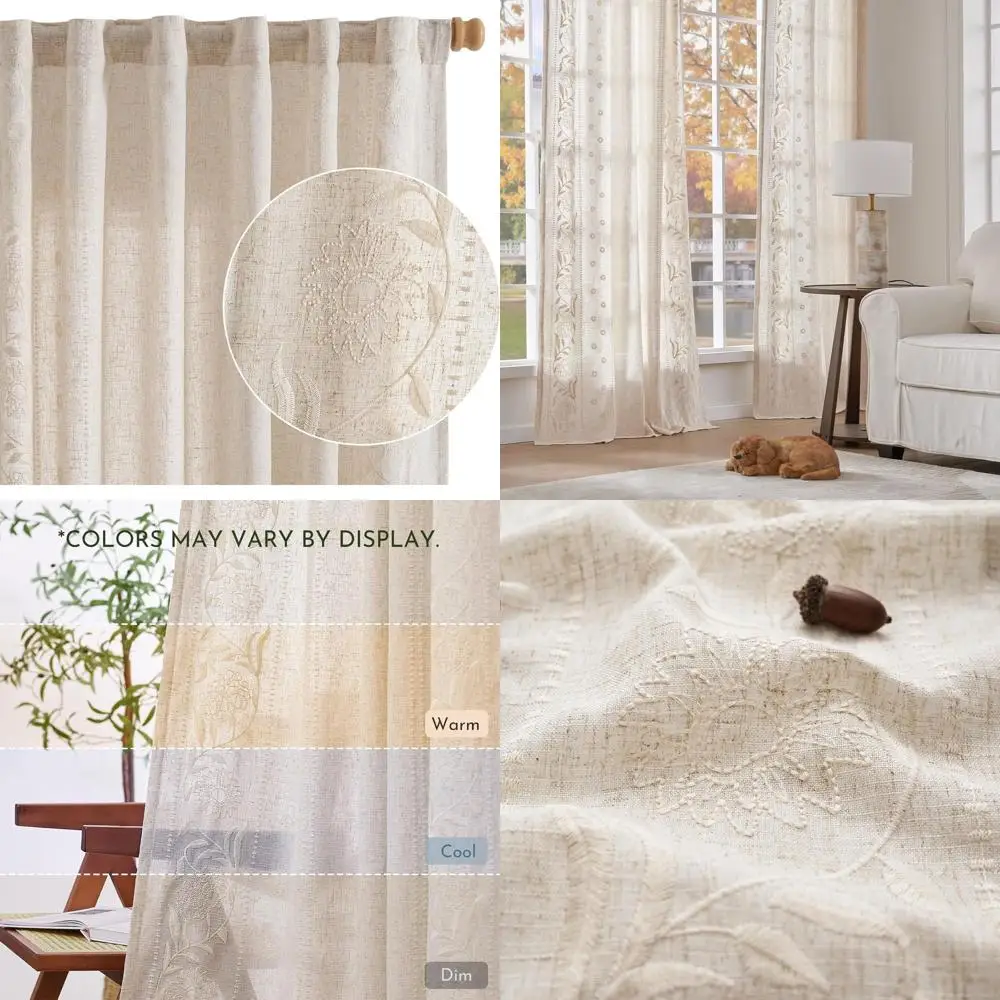 

Льняные шторы цвета слоновой кости с вышивкой цветочным узором, длина 84 дюйма, в стиле фермерского дома, светопропускающие, для гостиной и спальни