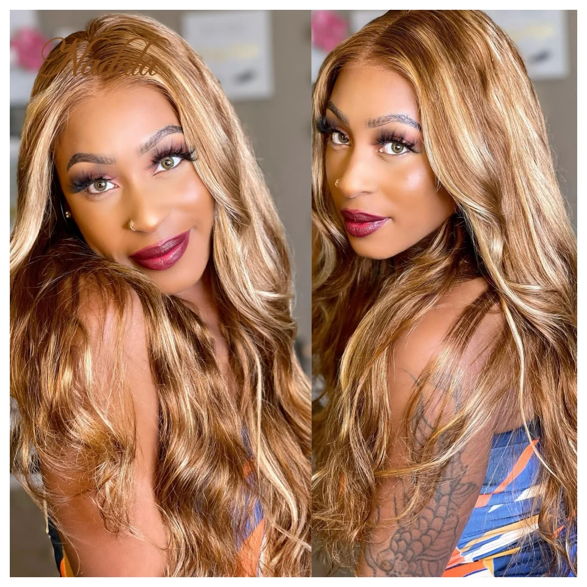 Nadula Hair 7x5 Pre Cut Glueless Lace Wig Honey Blonde Highlights Body Wave Bye Bye Knots Wig With Babyhair Transparent Lace Wig