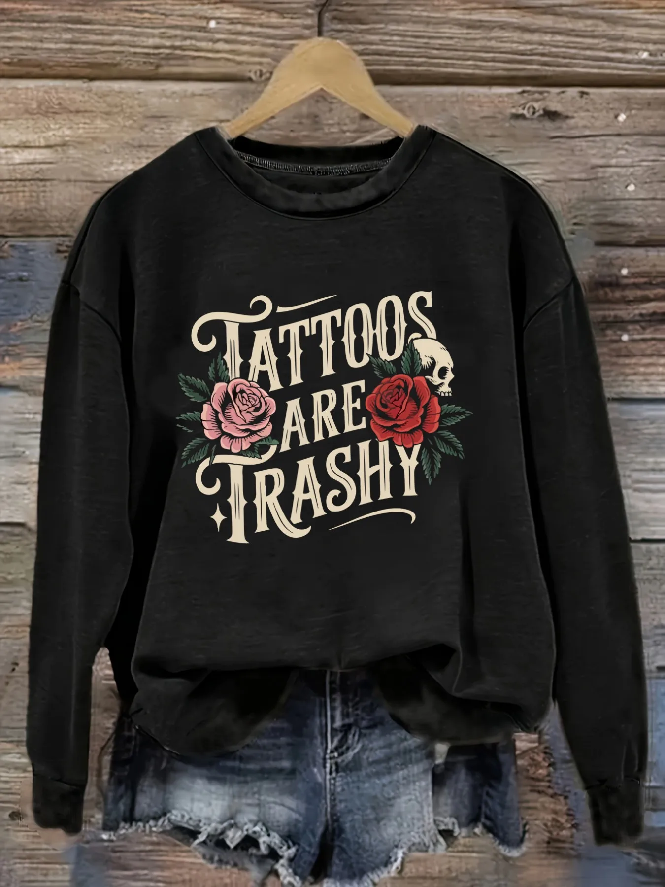 Women's Casual Long Sleeve Crew Neck T-Shirt Tattoos Are Trashy Roses Skull Design, Round Neck Women's Clothing, Machine Washable, Slightly Elastic, Loose Fit, Spring Autumn Winter Women's T-Shirt, Halloween Costume Outfit