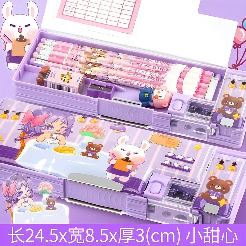 Estojo multifuncional para Estudante, Lápis Kawai Coreano Mágico, Princesa Escolar, Papelaria Rosa, Roxo