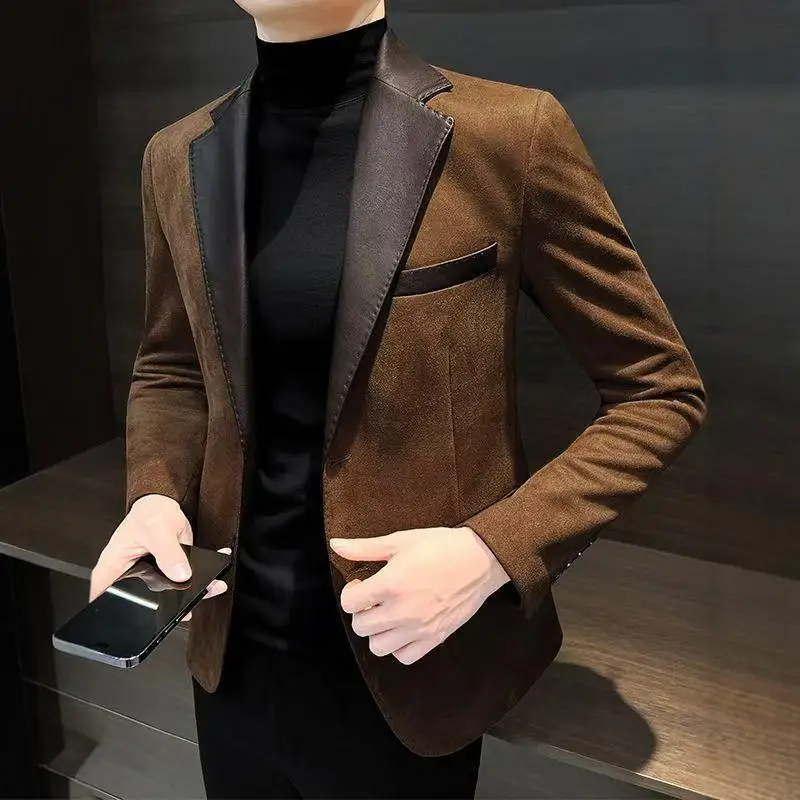 Casual Men's Suit Jacket Autumn Winter Korean Hong Kong Style High End Handsome Patchwork Western Wear Slim Fit Youth Trend