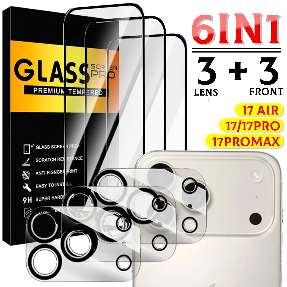 

6in1 Tempered Glass Screen Protectors for IPhone 17 Pro Max Anti-scratch Lens Film for 17Air Black Circle Camera Lens Protector