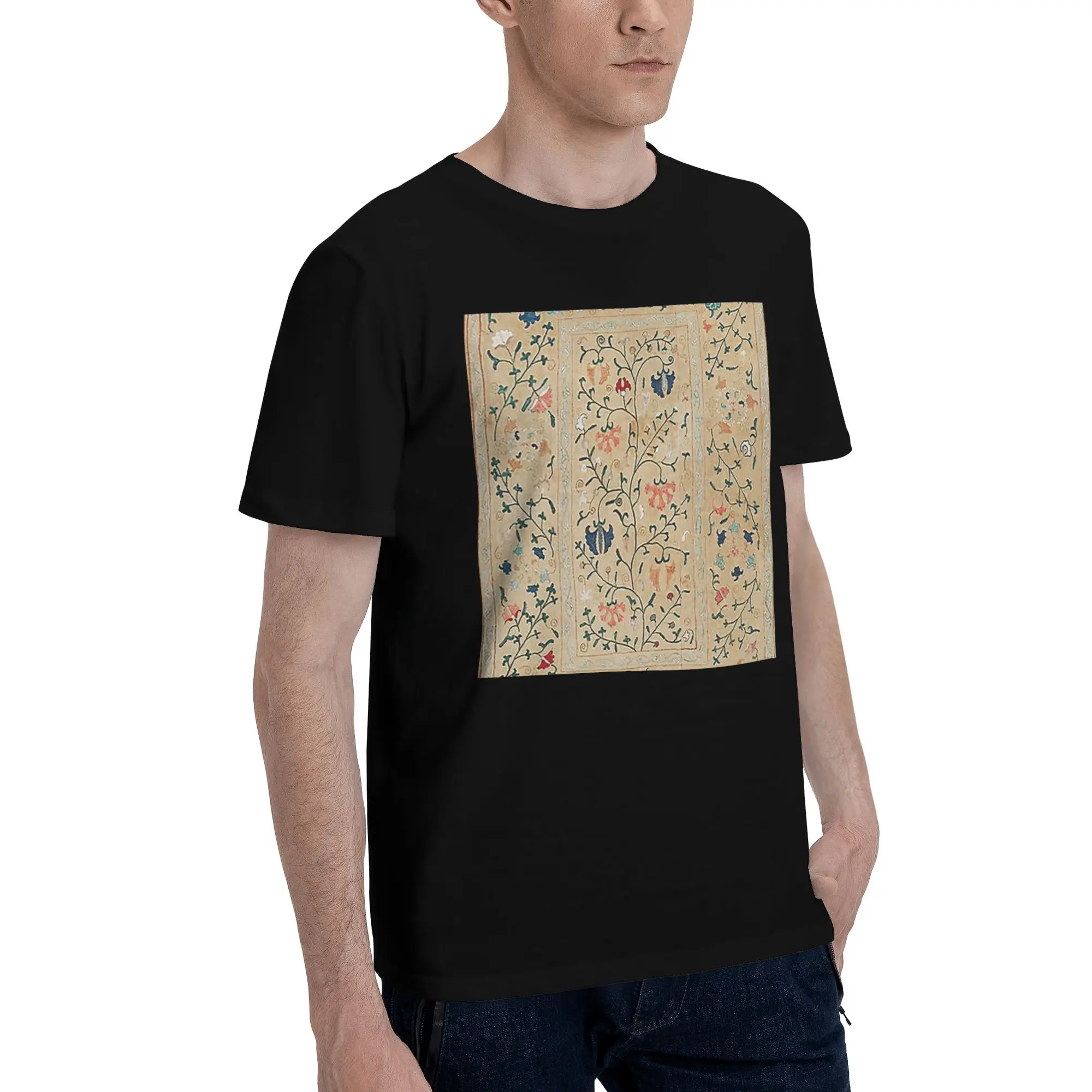 

Uzbekistan Suzani Nim Embroidery Men T-Shirt Oversized T Shirts Men's O-Neck Cotton Tees Short Summer Male