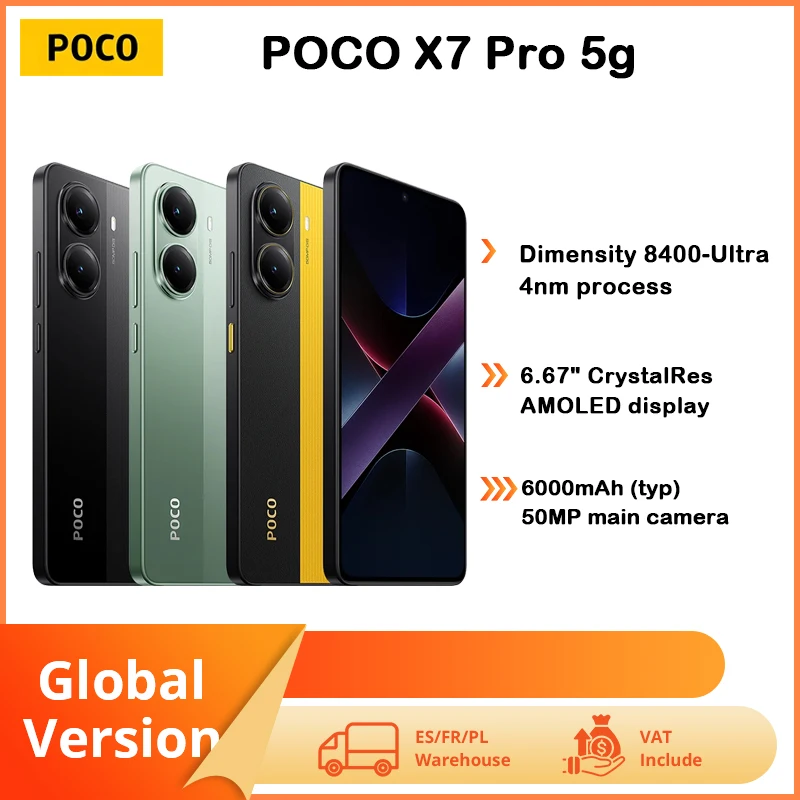 POCO X7 Pro 5G Smartphone, Display AMOLED 120Hz, Ricarica 90W, 256GB, Batteria 6000mAh, Telefono Economico con Fotocamera 108MP + Consegna Rapida in UE