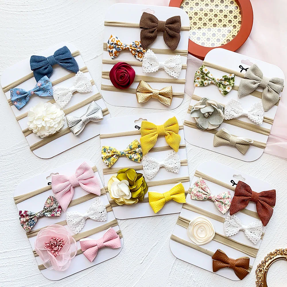 5Pcs/Set Solid Color Bow Headband For Kids Girls Newborn Elastic Nylon Hair Bands Turban New Headwear Hair Accessories Baby Gift