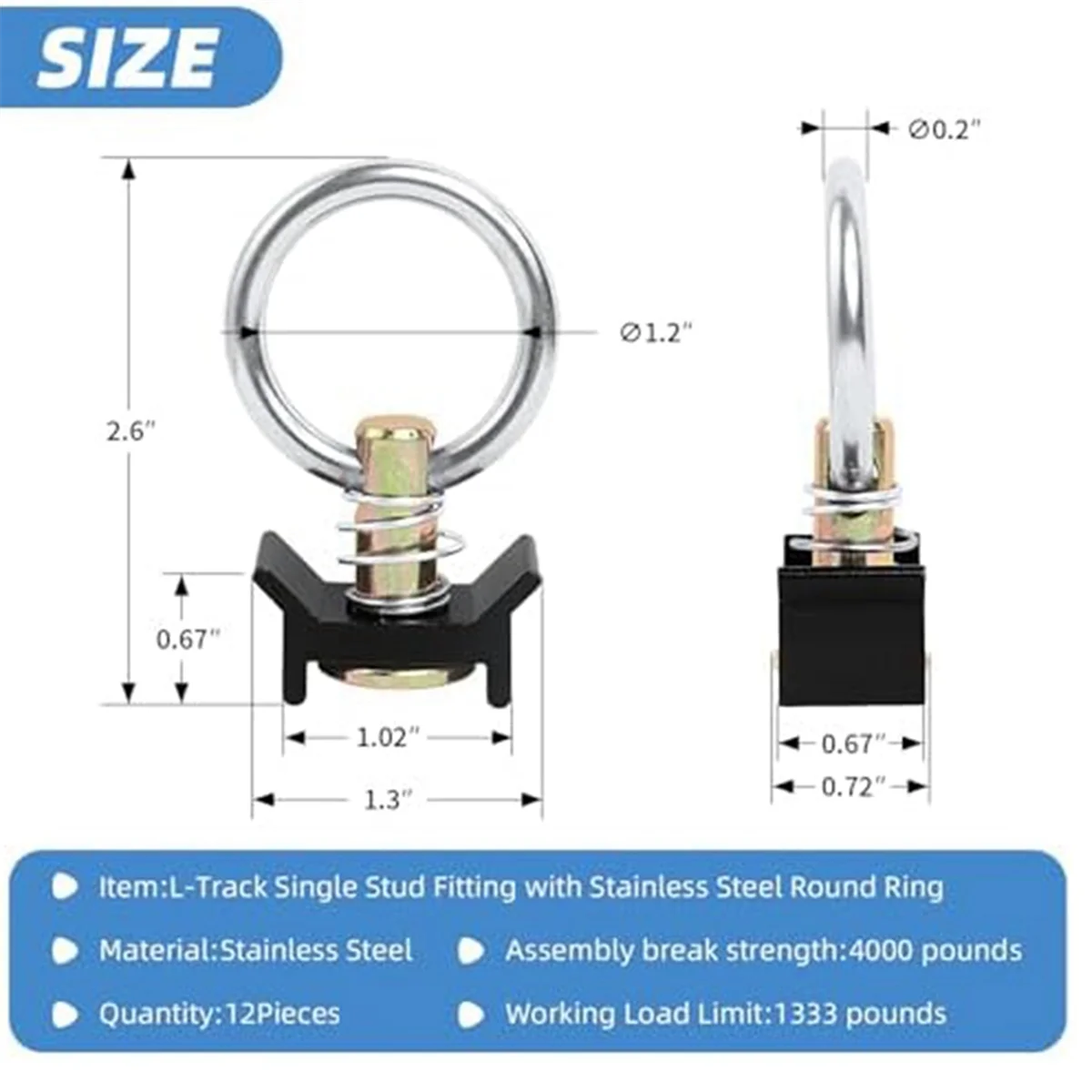 12PCS Single Stud Fitting L Track 4,000LB Capacity with Stainless Steel Round Ring Aluminum Keeper Cargo Control,Black