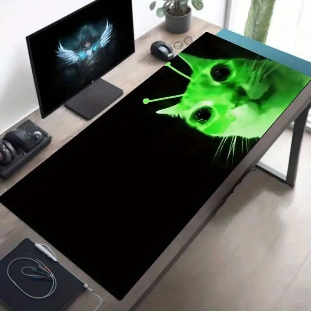 

Светящийся зеленый коврик для мыши с рисунком кота, моющийся, премиум-класса, нескользящий, прошитый, для офиса и игр, для компьютерного стола