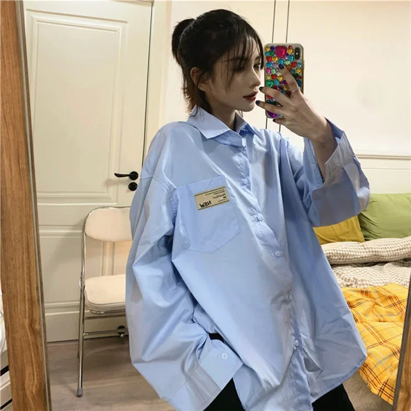 Korean Version Long Sleeved Mid Length Blue Shirt for Women\'s Spring Autumn Loose Slimming Wear Inside and Outside Shirt Top