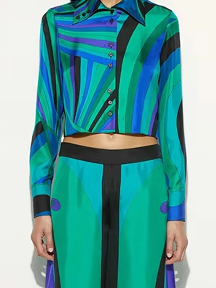 

Elegant Lapel Button Top & Long Pant 2Pc Suit Women' s Casual Long Sleeve Commuting Set Fashion Pattern Print Loose Shirt Outfit