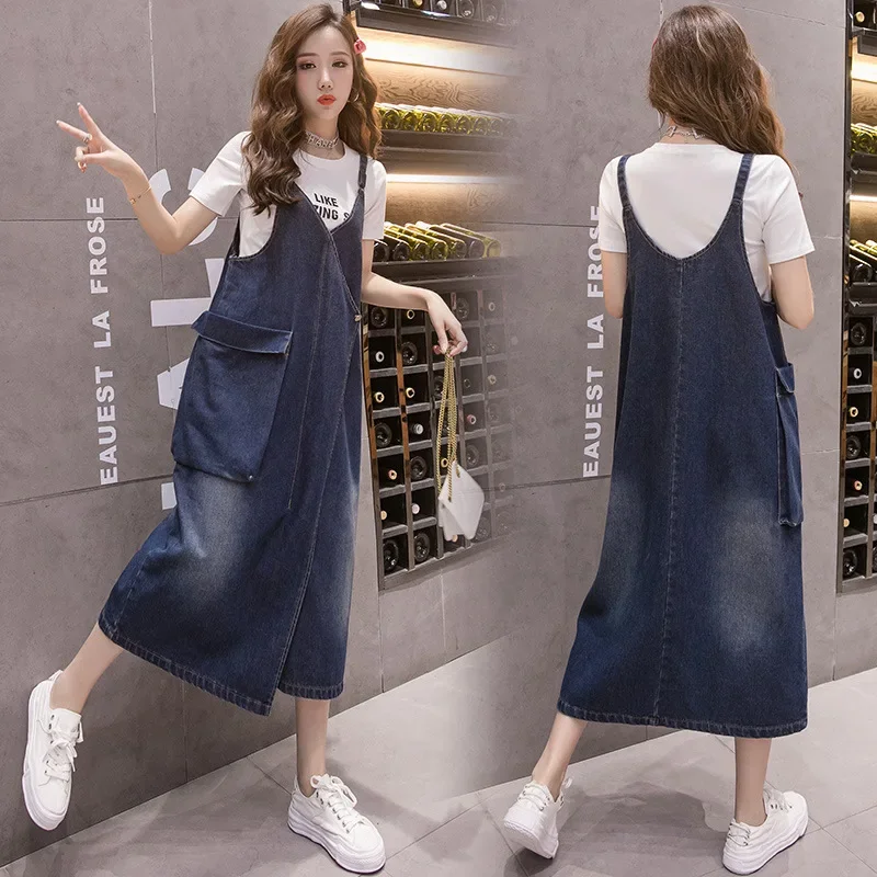 

Plus Size Women Functional Pocket Denim Overall Dress 2025 Summer New Adjustable Strap Casual Denim Dress A-line Student Outfit