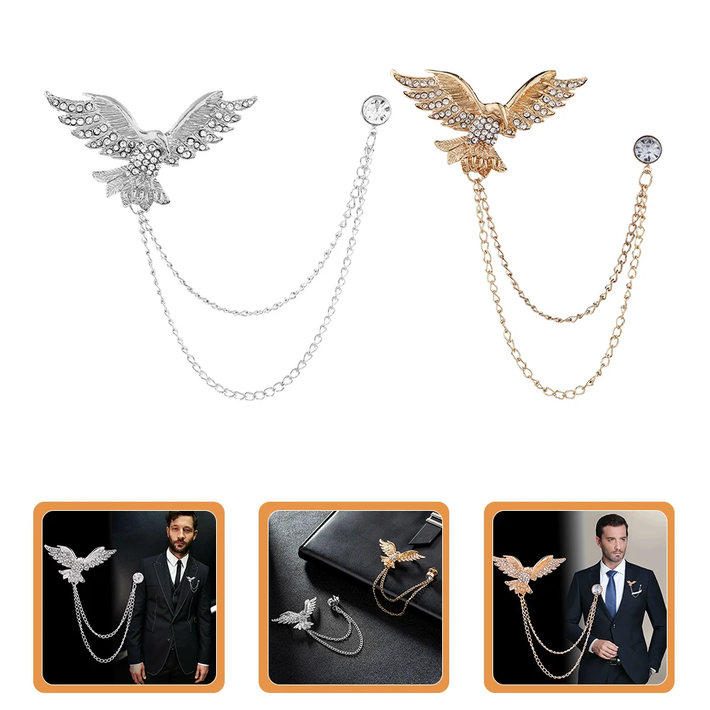 

2Pcs Eagle Lapel Pin Rhinestone Tassel Brooch for Men Suit Shirt Collar Clip Dress Accessory Formal Event Wedding Gift