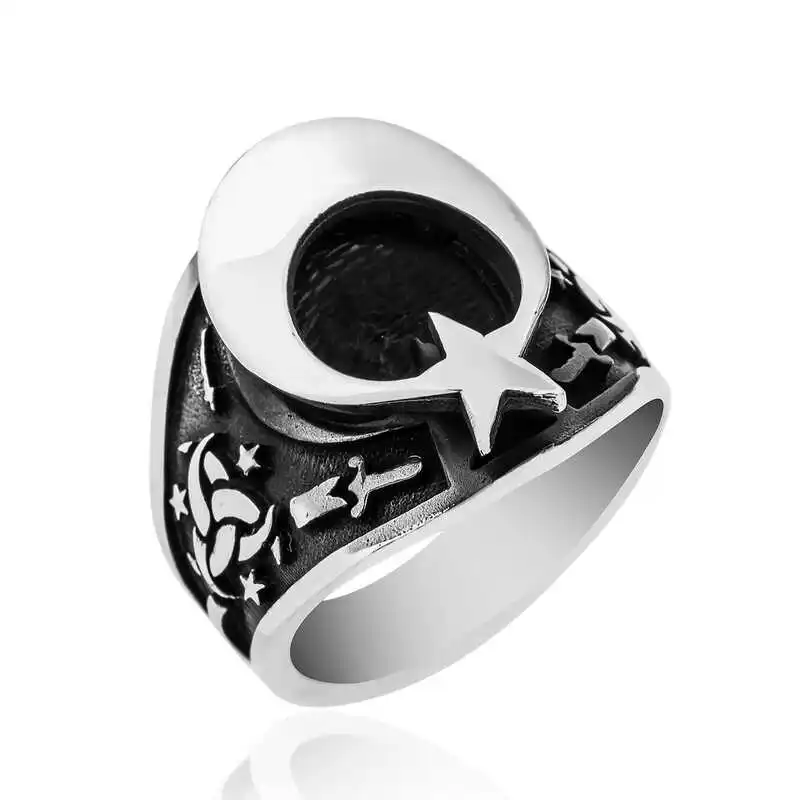 Silver Teşkilat-ı Mahsusa Crested Crescent and Star Men's Ring - 925 Sterling Men's Jewelry Wedding Birthday Gift - Box - For Men - Fashion - Botiva - Size - Turkish - Patterned Embroidery