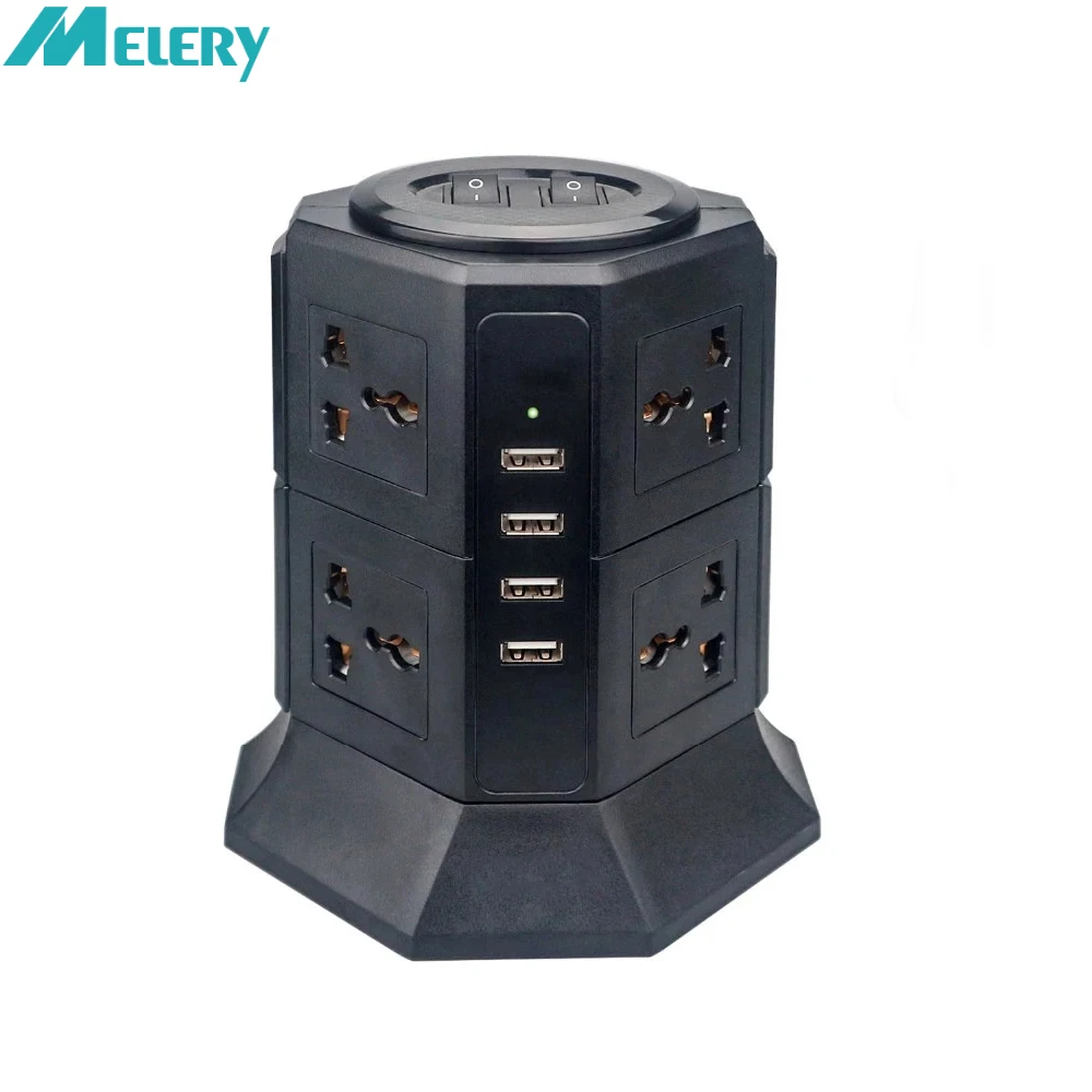 Melery Tower USB Power Strip Vertical US Electric Plug Universal Outlet Sockets Charger Surge Protector 6.6ft/2m Extension Cord