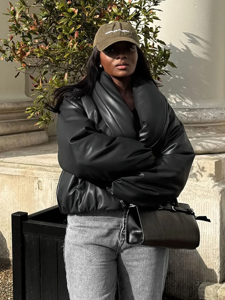 

Leosoxs водонепроницаемая укороченная куртка-пуховик из искусственной кожи, женская зимняя теплая кожаная стеганая парка с воротником-стойкой, уличное пальто с длинными рукавами