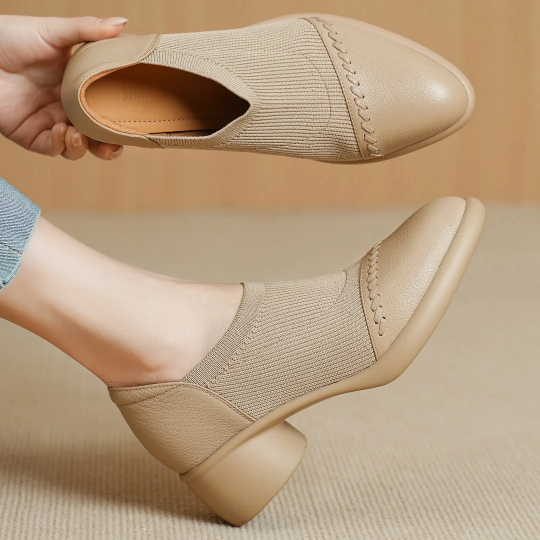 

Women's sheepskin stretch knit patchwork slip-on pumps pointed toe 5cm round med heel casual female high quality soft heels shoe
