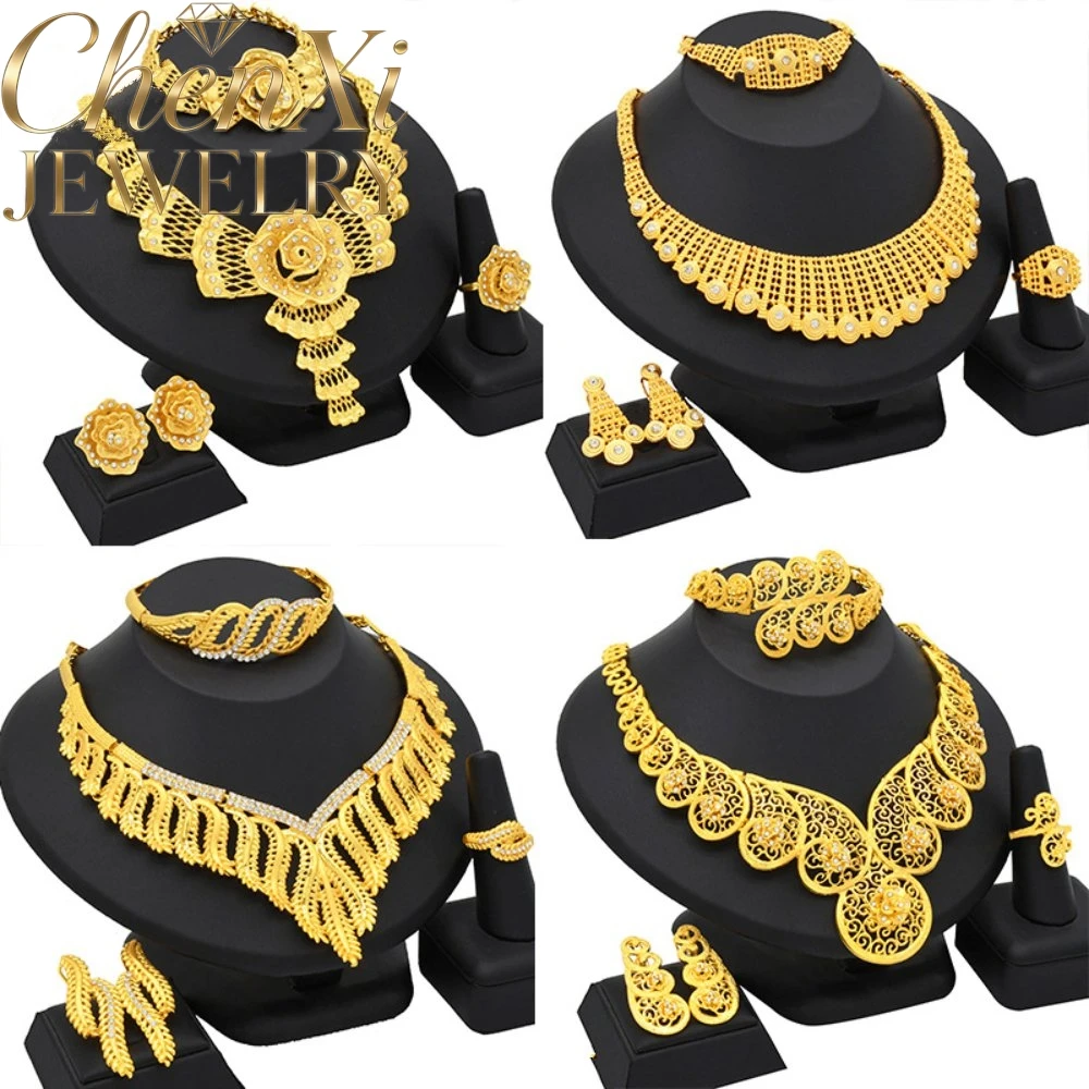 High-End Luxury Alluvial Gold Elegant Fashion Popular Jewelry Set Women Wedding Party Banquet Necklace Earrings Ring 4pcs Gift