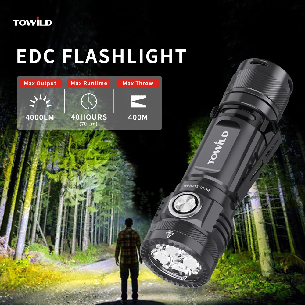 TOWILD BC10 EDC-Taschenlampe, tragbar, wiederaufladbar, 4000 lm, IPX8, Hochleistungs-LED-Taschenlampe, 21700 Taschenlampe für Camping, Außenbeleuchtung