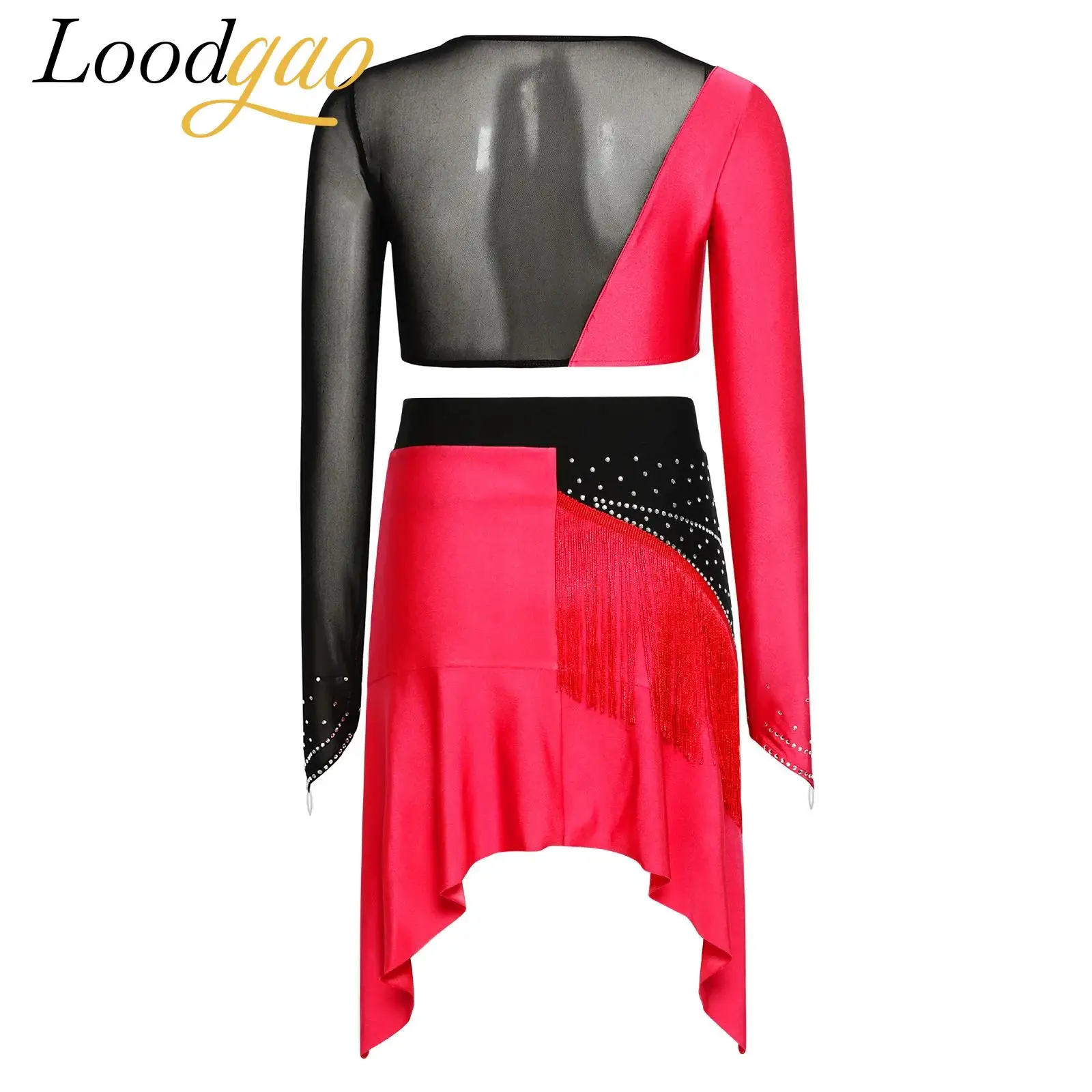 

Women Latin Tango Fringed Dance Costume Belly Dance Outfit Tops + Tiered Tassel Irregular Skirt Suits Cha-cha Rumba Proms Wear